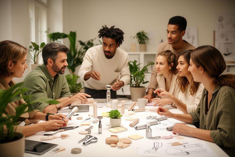 Gründerin und kleines Team besprechen Beauty-Tool-Entwürfe in einem Zürcher Studio mit Pflanzen und Skizzen