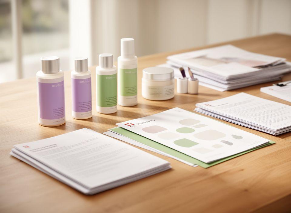 Geordnete Beauty-Produkte und Vertragsunterlagen auf einem hellen Holztisch in einem Zürcher Showroom