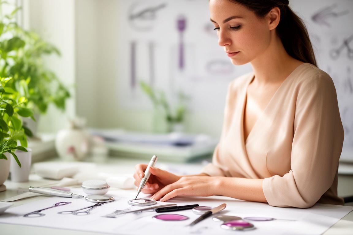 Produktentwicklerin prüft Beauty-Tools an einem hellen Zürcher Arbeitsplatz mit ruhiger, natürlicher Tageslichtstimmung
