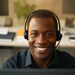 Kramar Collins am Kundenservice-Arbeitsplatz mit Headset, Notizen und warmem Tageslicht