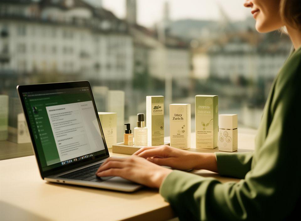 Zürcher Beauty-Workspace mit Laptop, Produktverpackungen und ruhiger Lichtstimmung für Online-Shop-Datenschutz