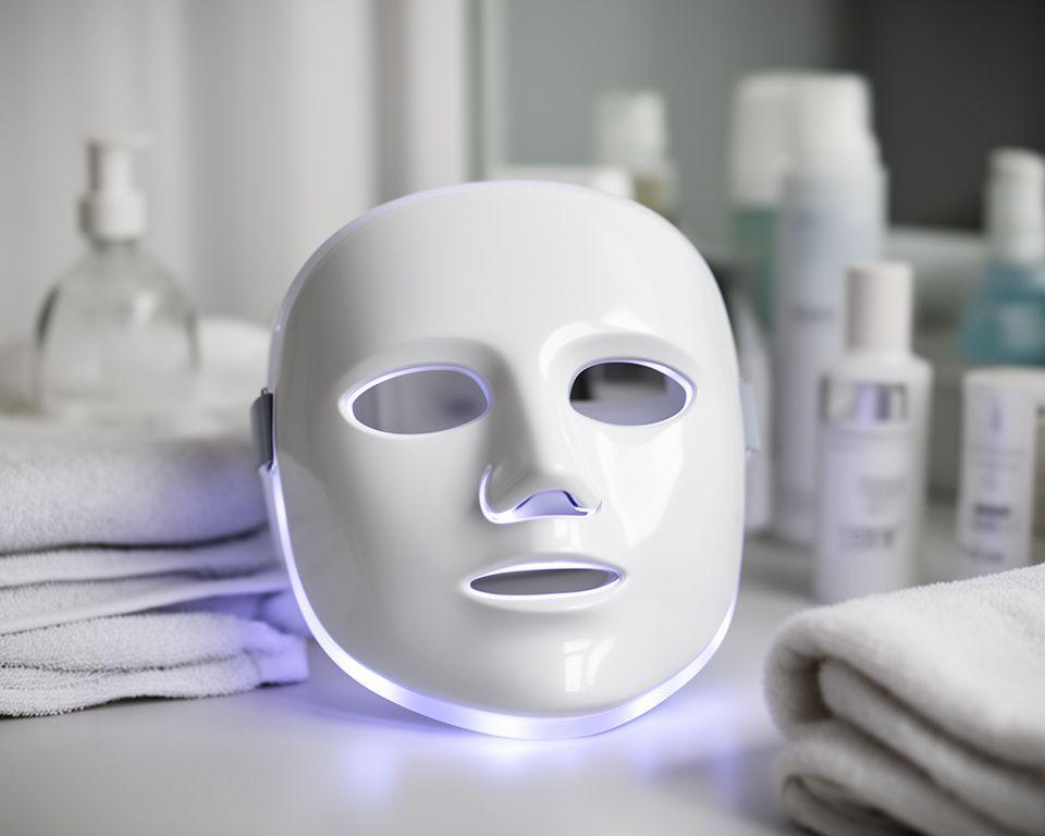 LED-Gesichtsmaske auf einem gepflegten Schminktisch mit weichem Licht und geordneten Pflegeprodukten