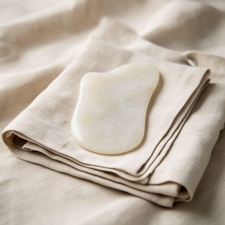 Gua Sha Stein auf gefalteten Leinentüchern mit sanften Naturtönen und Keramikteller