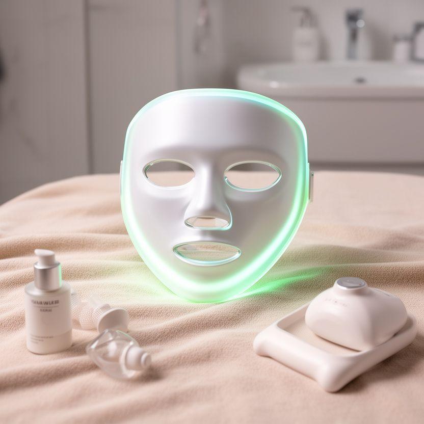 LED-Lichttherapie-Maske auf einem weichen Stofftuch mit dezenten Pflegeaccessoires