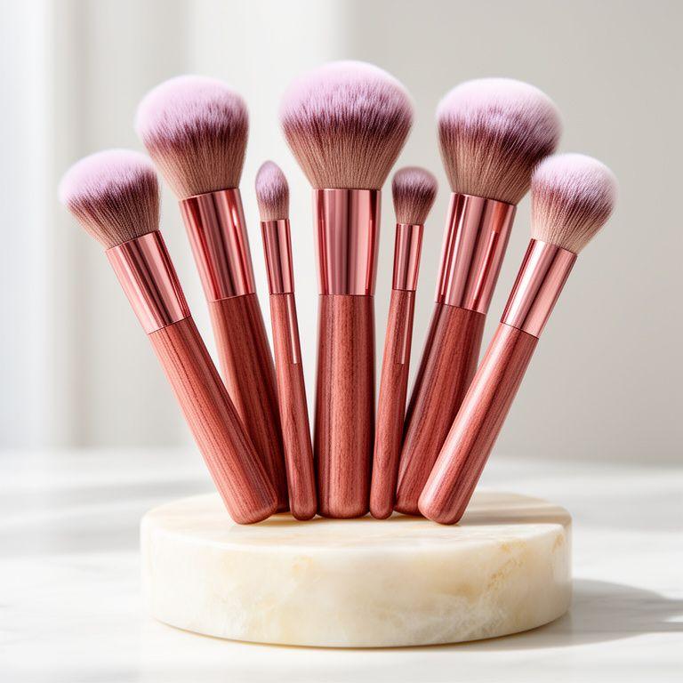 Make-up Pinsel-Set mit roséfarbenen Griffen und weichen Borsten auf hellem Marmorsockel