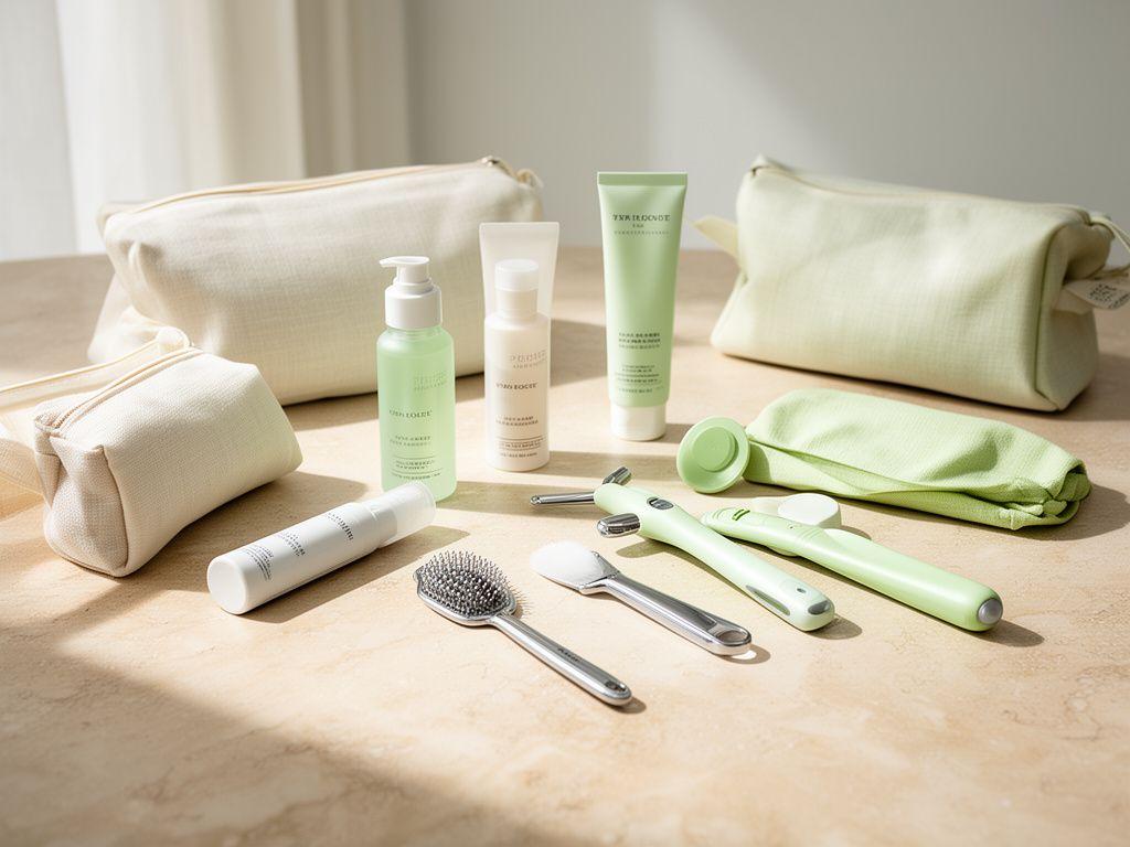 Sortiment an Beauty-Tools auf einem hellen Naturstein-Tisch mit weichen Schatten und offenen Stofftaschen