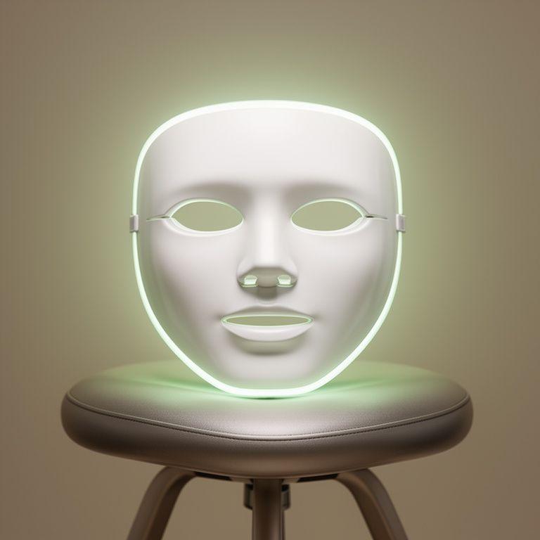 LED-Gesichtsmaske auf einem stilisierten Studiohocker mit weichem Licht und sauberem Hintergrund