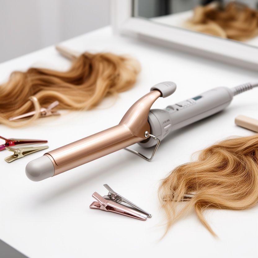 Keramik-Lockenstab auf einem hellen Frisiertisch mit Haarsträhnen und Stylingclips