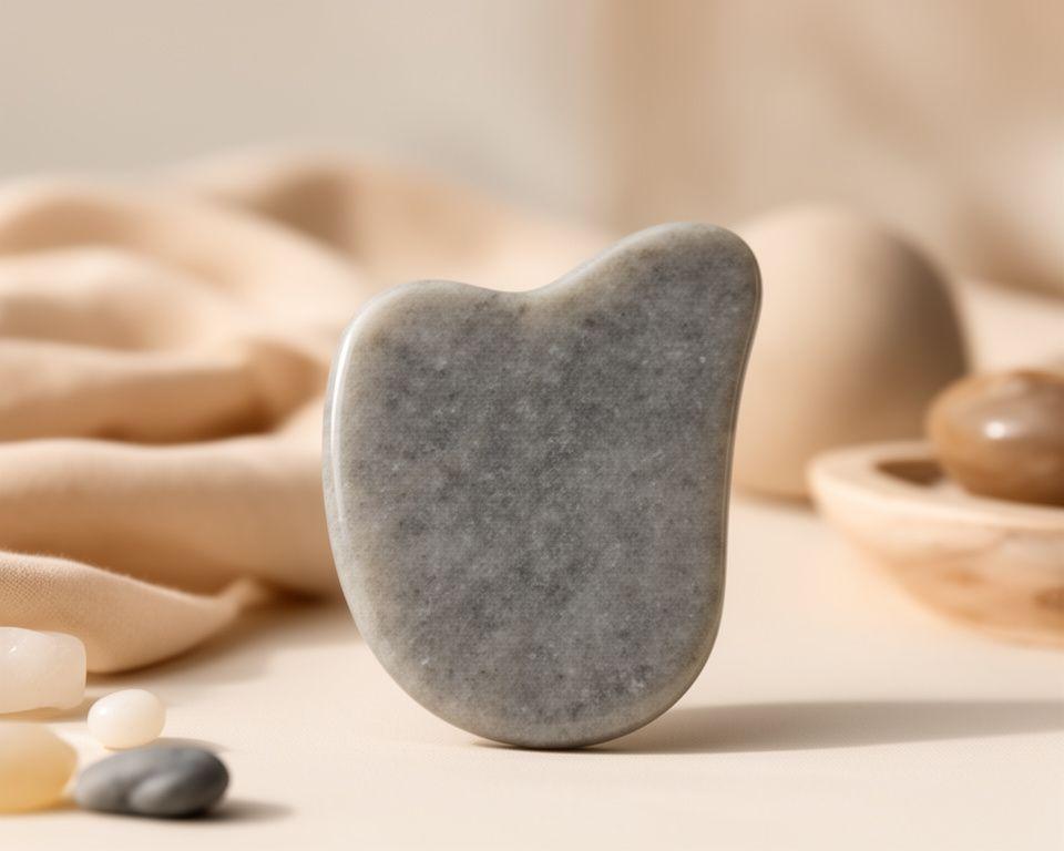 Gua-Sha-Tool aus glattem Naturstein neben einer minimalistischen Skincare-Anordnung