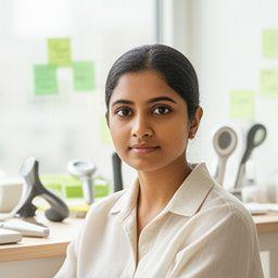 Qiao Varghese in einer hellen Werkstatt mit Beauty-Tool-Prototypen und konzentrierter, ruhiger Atmosphäre